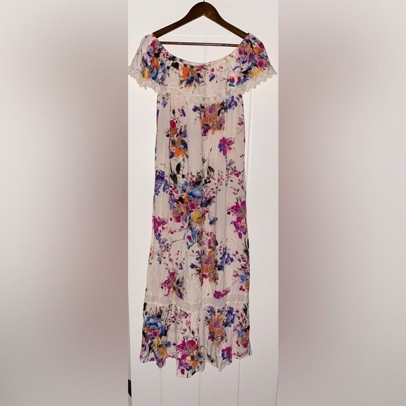 Umgee Off The Shoulder Floral Print With Lace Maxi Dress In Ivory Size Small - Picture 7 of 7